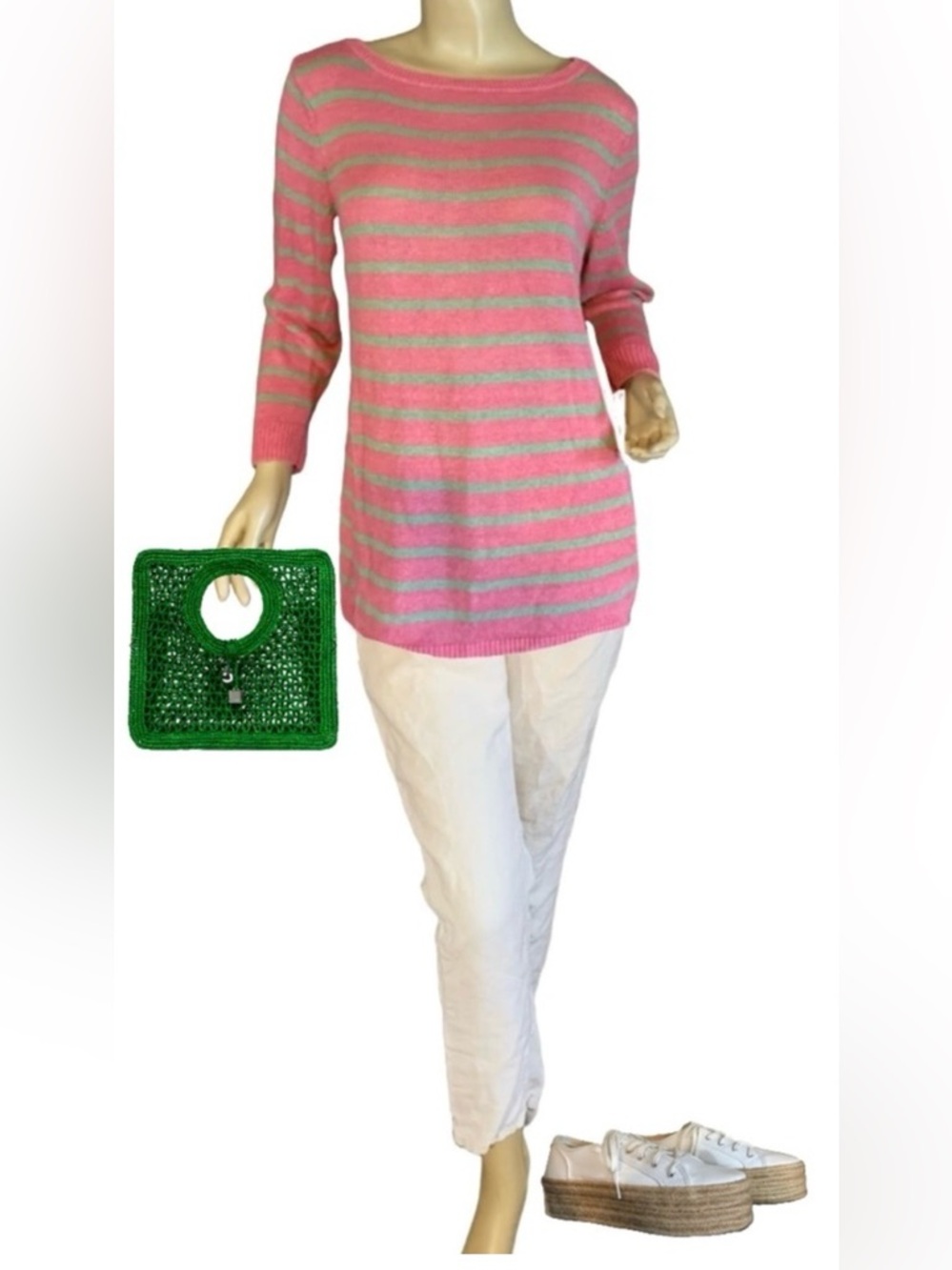 TALBOTS PINK W/GREEN STRIPES LINEN SWEATER (L)